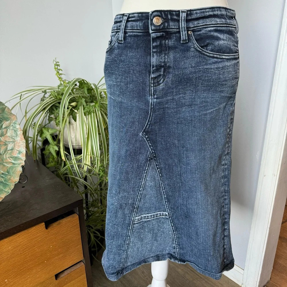 IRO Jeans Denim Pencil Patchwork Midi Skirt Washed Blue Size 26 Retro 90s Casual